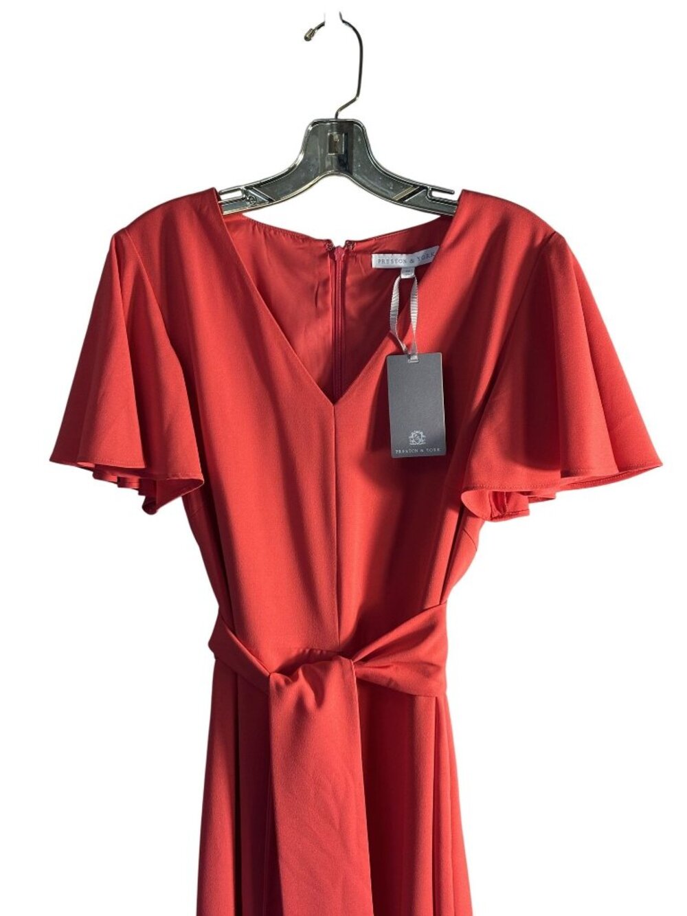Preston & York Jumpsuit Red Hue (Lipstick) Flutter Sleeves Tie Waist & V-Neck - Picture 2 of 16